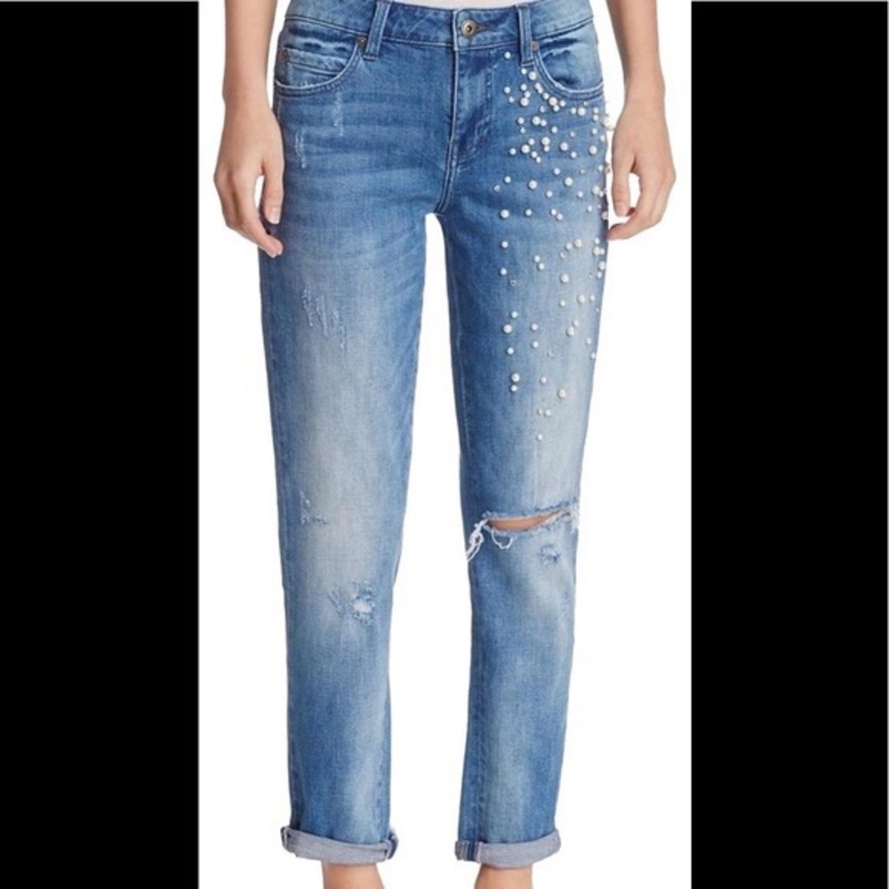 pistola Light Blue Distressed Ankle Jeans with Pearl Embellishment